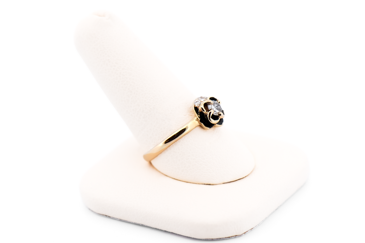 Vintage Carved Rose Ring with Diamonds & Black Antiquing in Yellow Gold