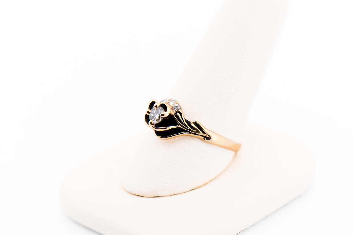 Vintage Carved Rose Ring with Diamonds & Black Antiquing in Yellow Gold