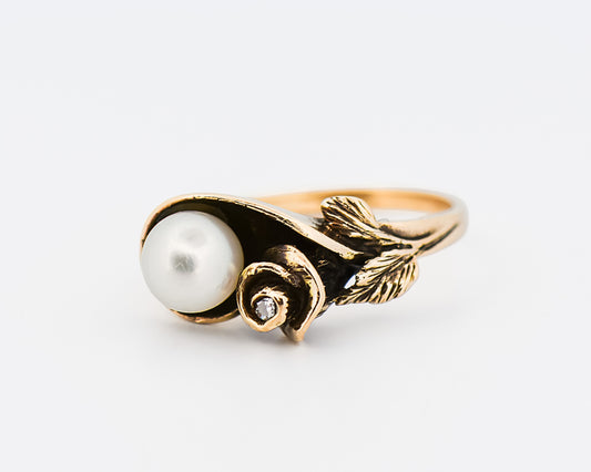 Vintage Carved Rose Ring with Pearl and Diamond Accent