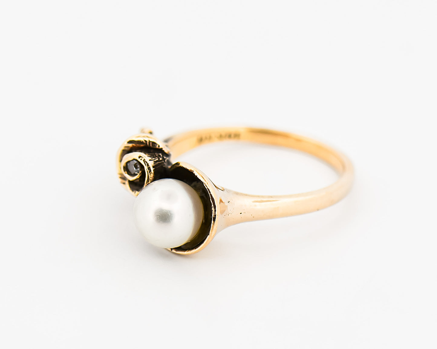 Vintage Carved Rose Ring with Pearl and Diamond Accent