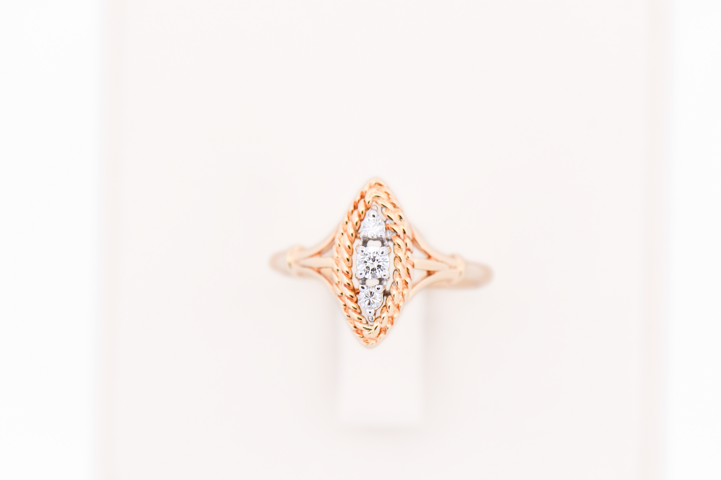 Vintage Diamond 3-Stone Navette Ring with Rope Border in Yellow Gold