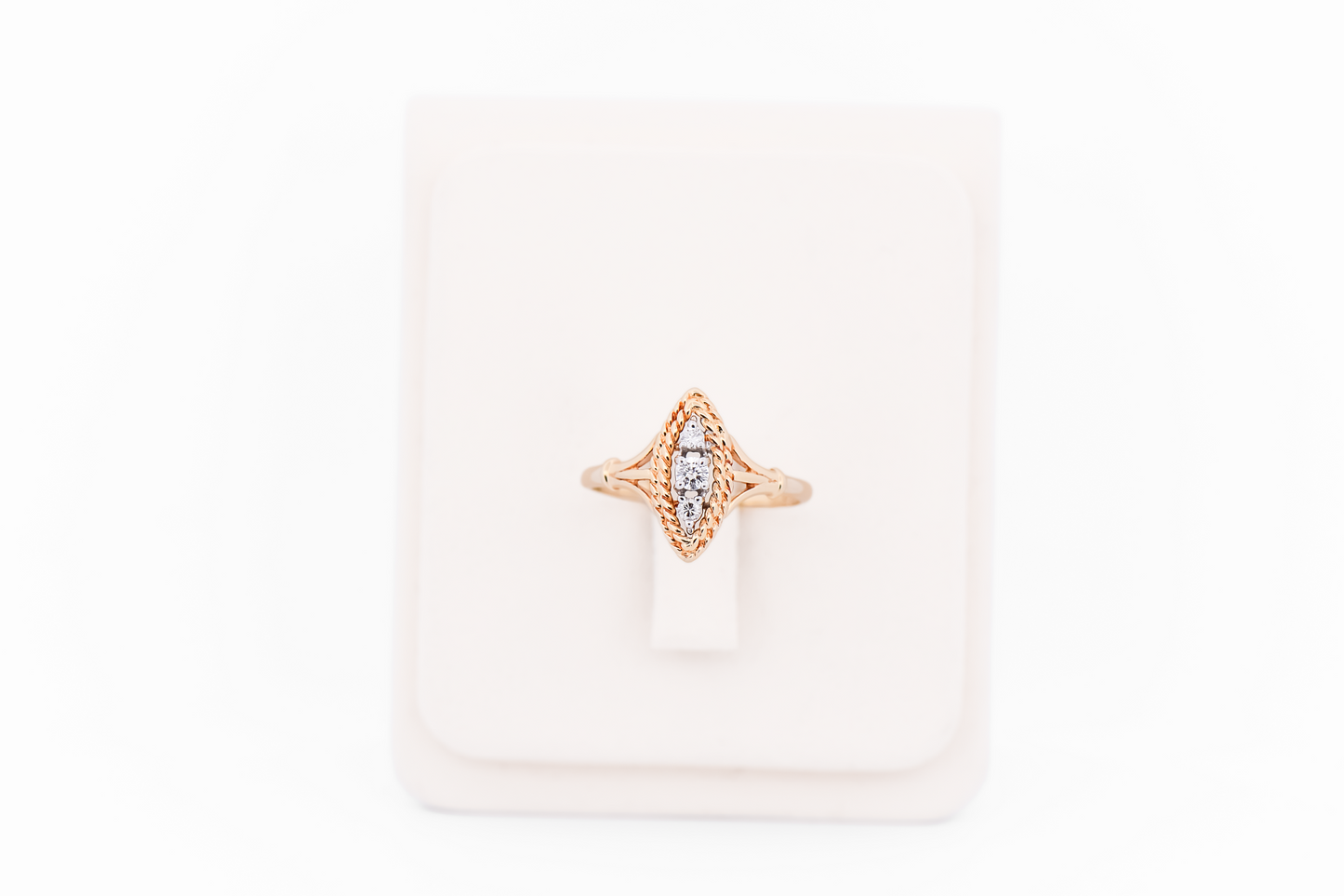 Vintage Diamond 3-Stone Navette Ring with Rope Border in Yellow Gold
