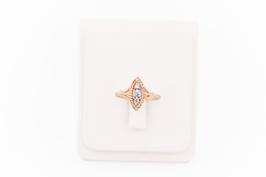 Vintage Diamond 3-Stone Navette Ring with Rope Border in Yellow Gold