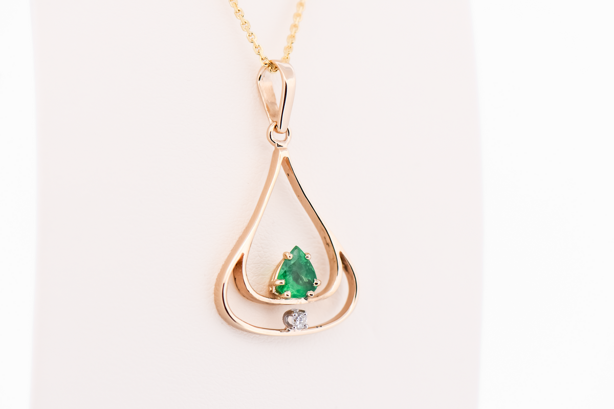 Vintage Emerald & Diamond Pendant with Abstract Yellow Gold Frame
