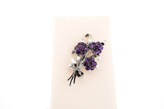Vintage Floral Spray Brooch with Amethyst Clusters in 9ct & Platinum