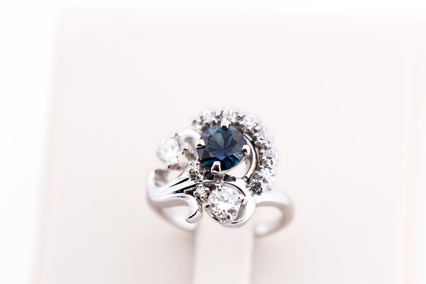Vintage Freeform Platinum Ring with Teal Sapphire & Old European Cut Diamonds
