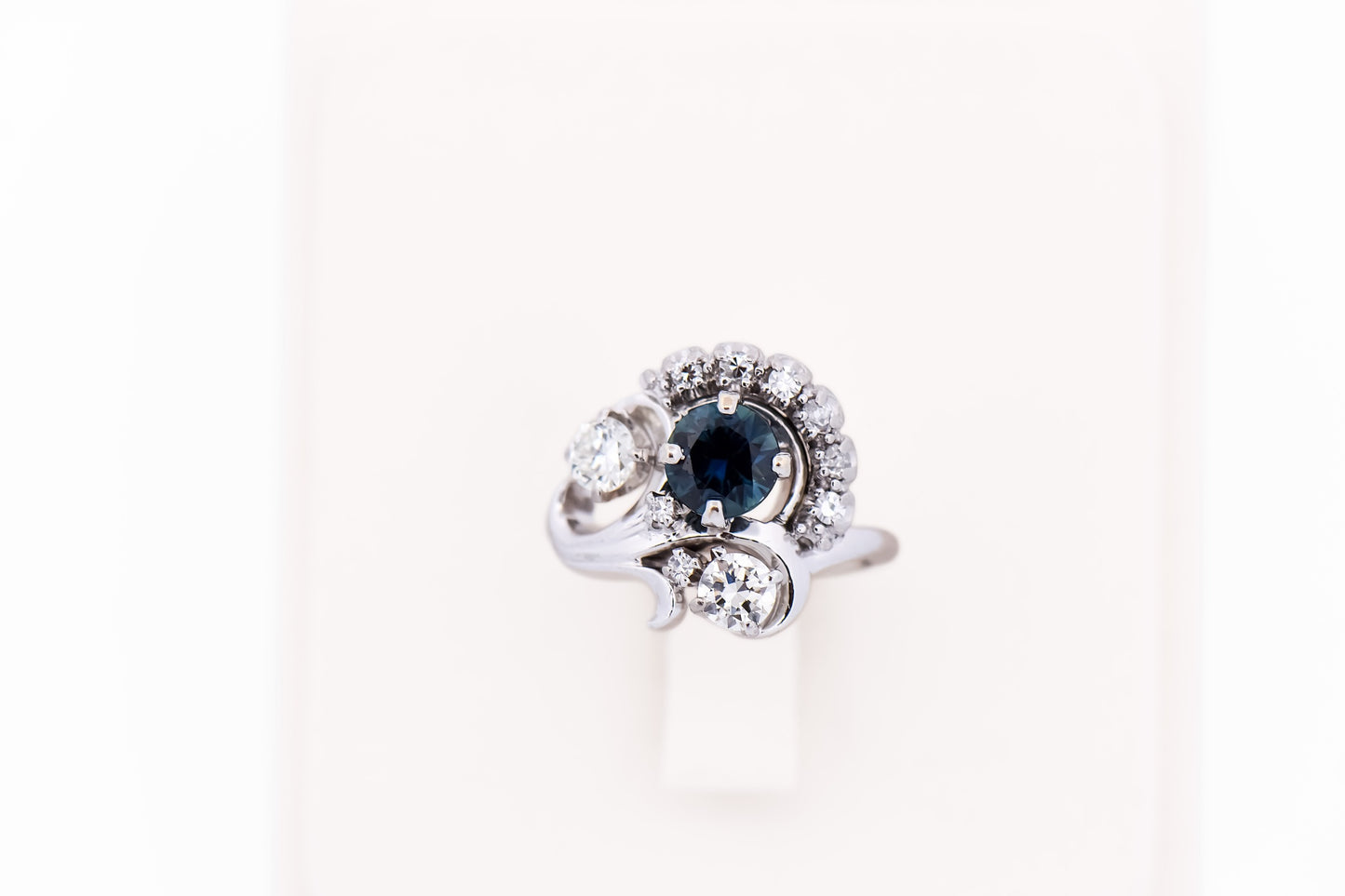 Vintage Freeform Platinum Ring with Teal Sapphire & Old European Cut Diamonds