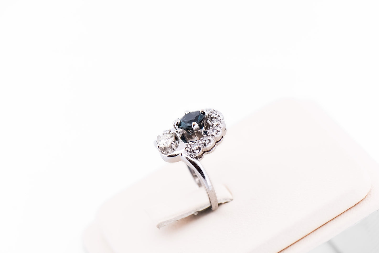 Vintage Freeform Platinum Ring with Teal Sapphire & Old European Cut Diamonds