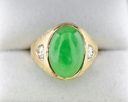 Vintage Green Jadeite Jade & Diamond Gent's Ring