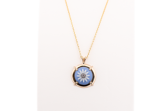 Vintage Gold Pendant with Wedgewood Pottery Flower & Diamond Accent
