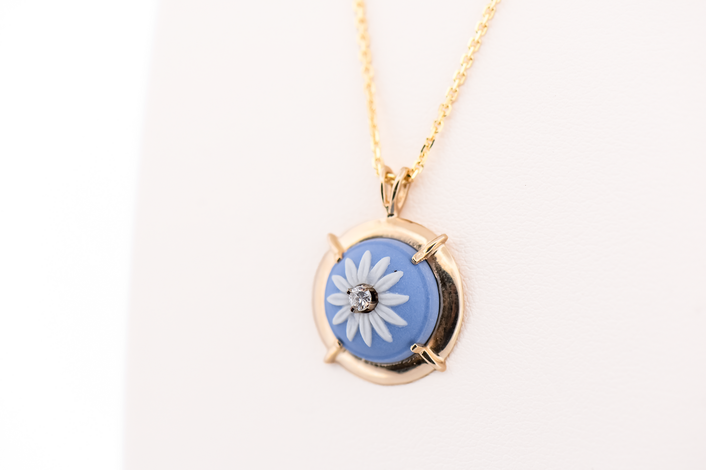 Vintage Gold Pendant with Wedgewood Pottery Flower & Diamond Accent