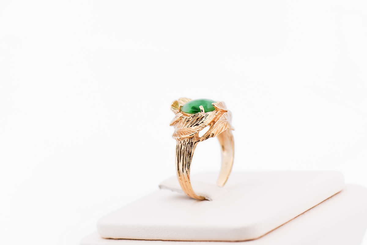 Vintage Green Jade & Diamond Ring with Gold Leaf Frame