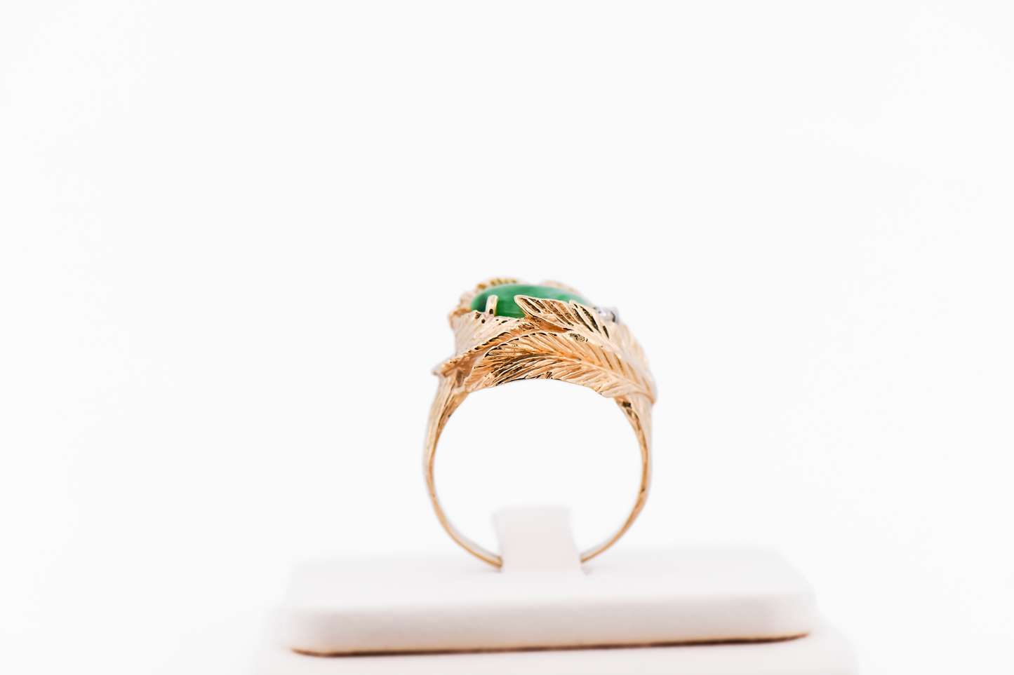 Vintage Green Jade & Diamond Ring with Gold Leaf Frame