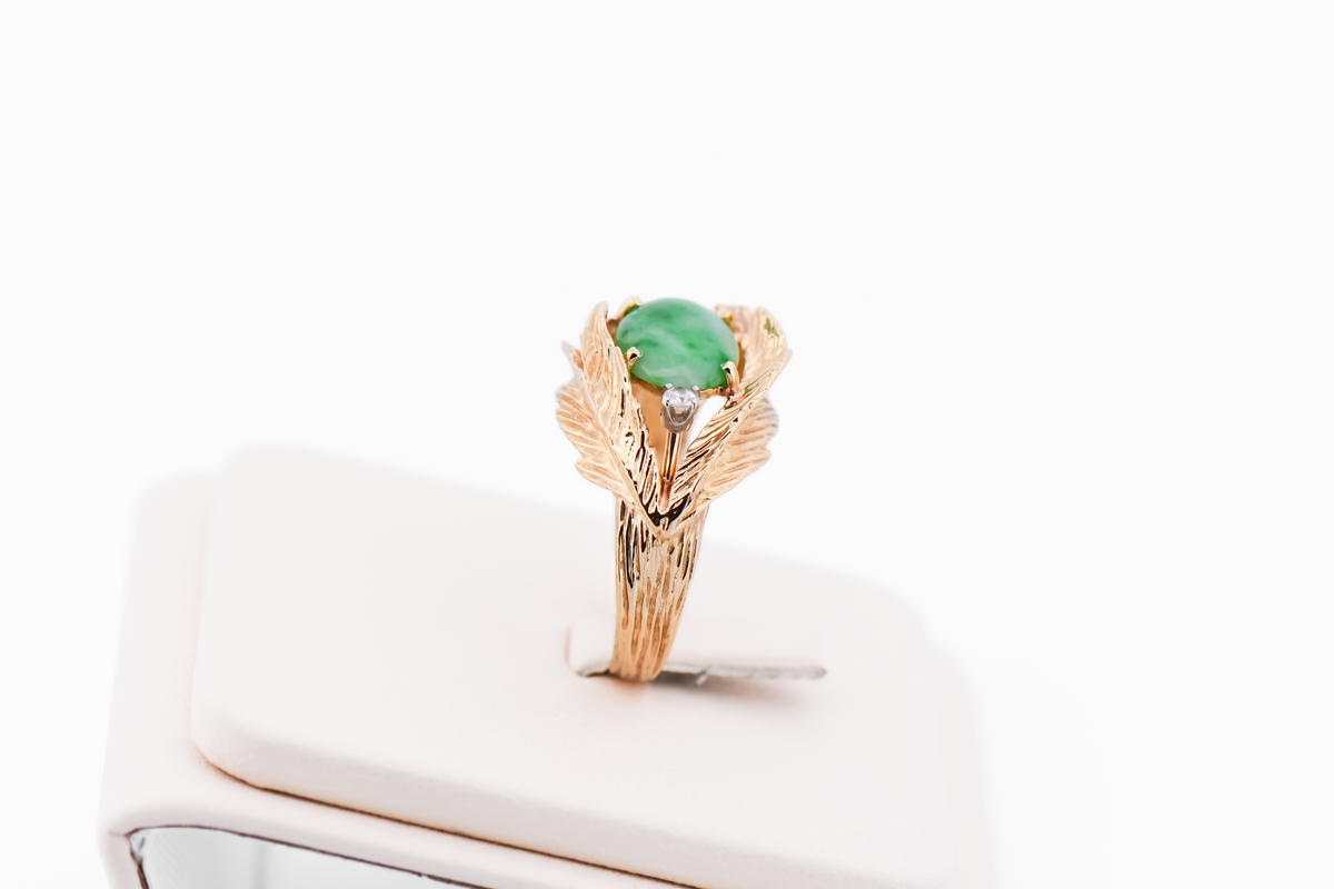 Vintage Green Jade & Diamond Ring with Gold Leaf Frame