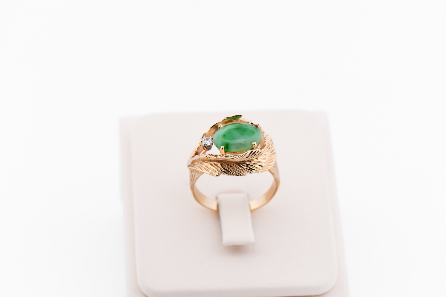 Vintage Green Jade & Diamond Ring with Gold Leaf Frame