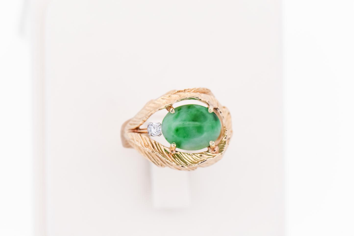 Vintage Green Jade & Diamond Ring with Gold Leaf Frame