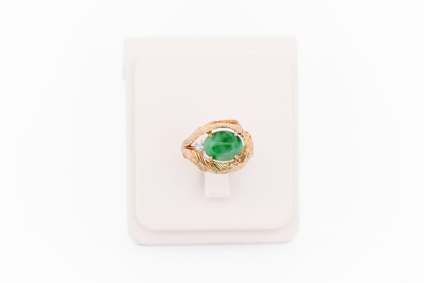 Vintage Green Jade & Diamond Ring with Gold Leaf Frame