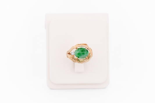 Vintage Green Jade & Diamond Ring with Gold Leaf Frame