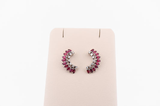 Vintage Half Moon Shaped Ruby & Diamond Cluster Stud Earrings