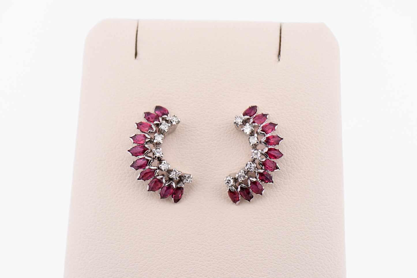 Vintage Half Moon Shaped Ruby & Diamond Cluster Stud Earrings