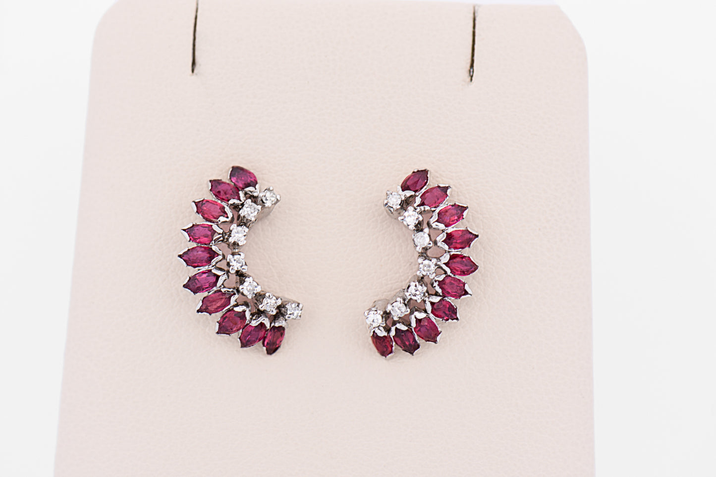 Vintage Half Moon Shaped Ruby & Diamond Cluster Stud Earrings