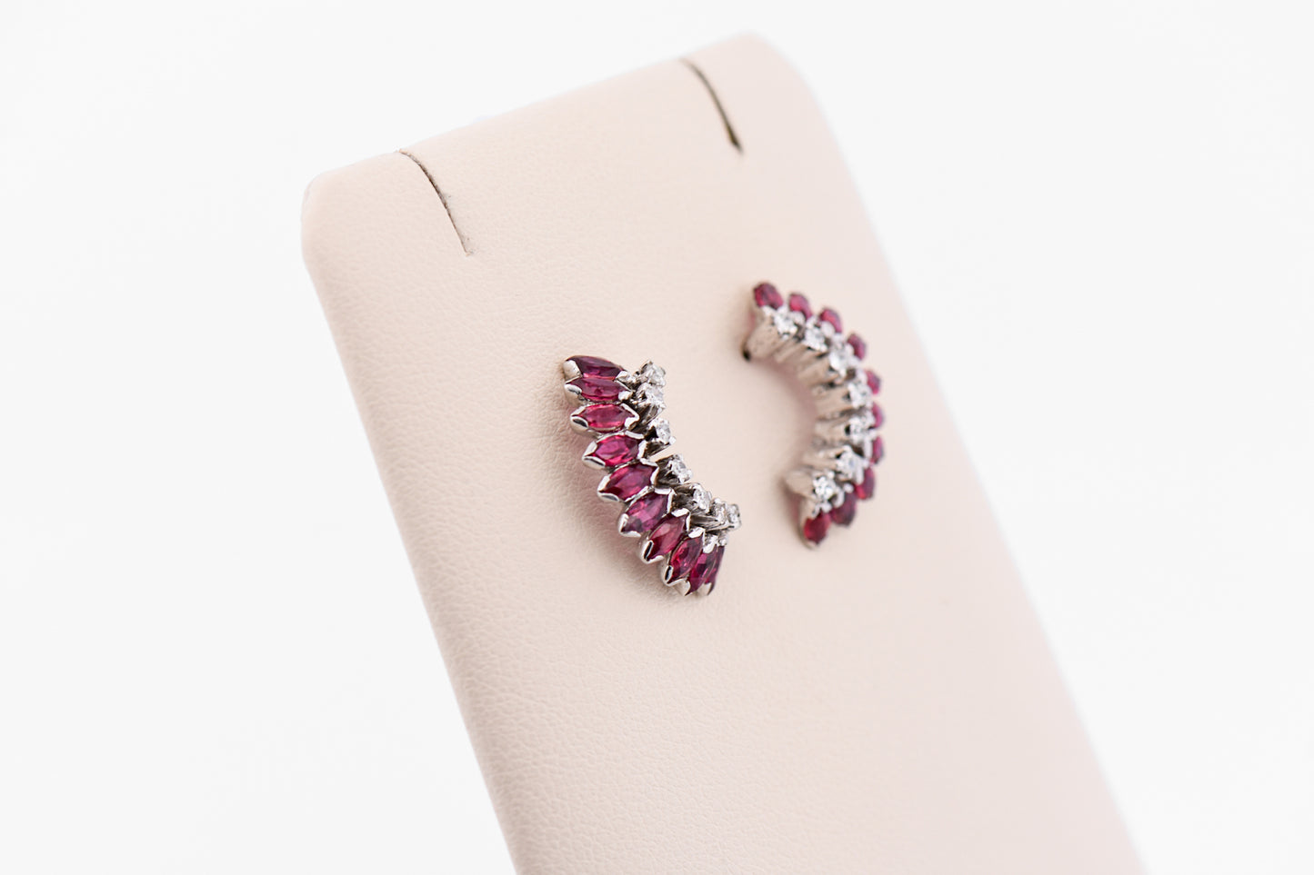 Vintage Half Moon Shaped Ruby & Diamond Cluster Stud Earrings