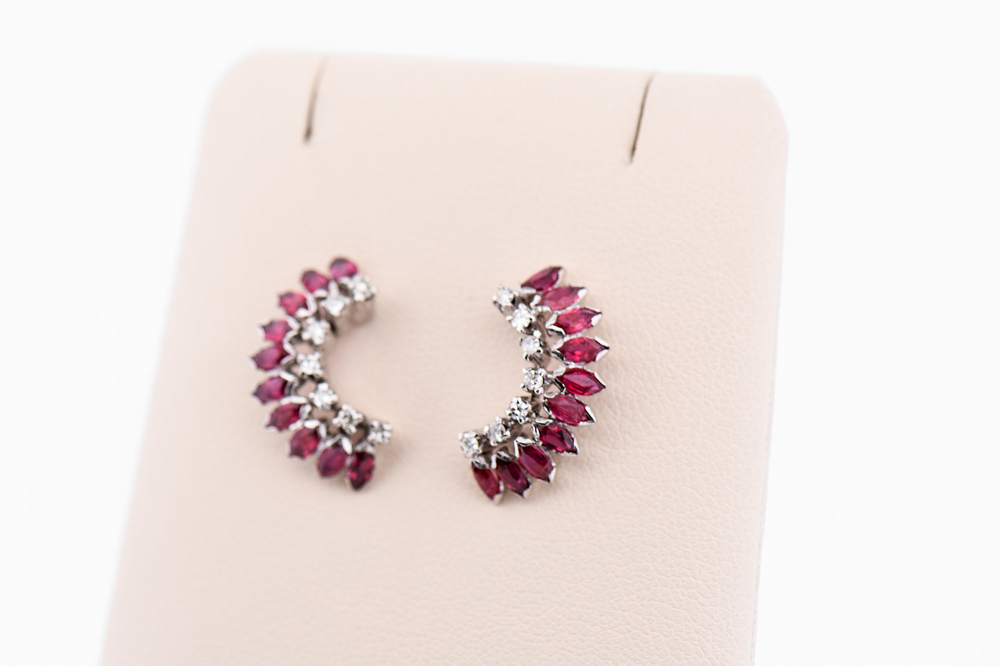Vintage Half Moon Shaped Ruby & Diamond Cluster Stud Earrings