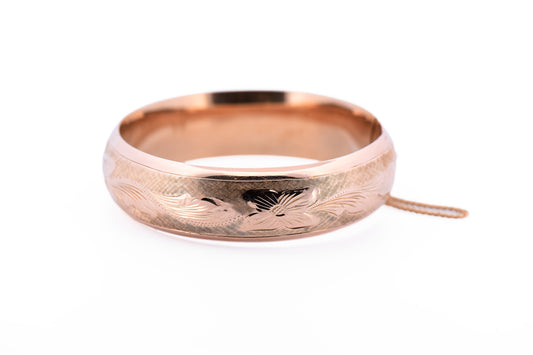 Vintage Hawaiin Hinged Cuff Bracelet with Floral Engraving 10k