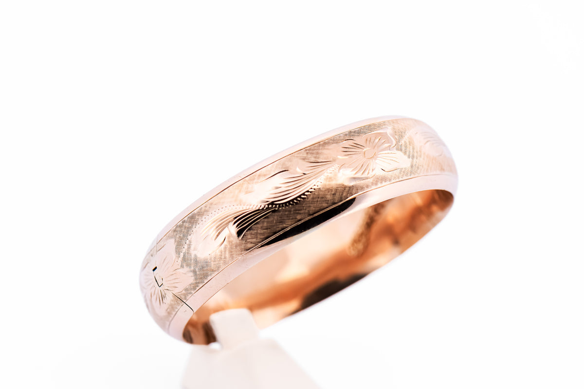 Vintage Hawaiin Hinged Cuff Bracelet with Floral Engraving 10k