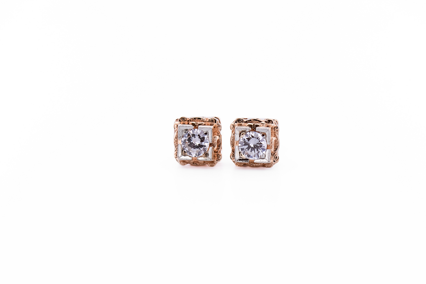 Vintage Illusion-Set Diamond Stud Earrings in Two-Tone Gold with Screw Backs