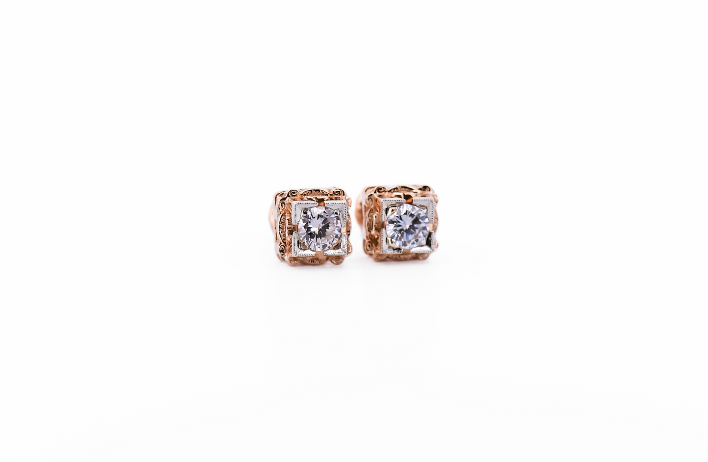 Vintage Illusion-Set Diamond Stud Earrings in Two-Tone Gold with Screw Backs