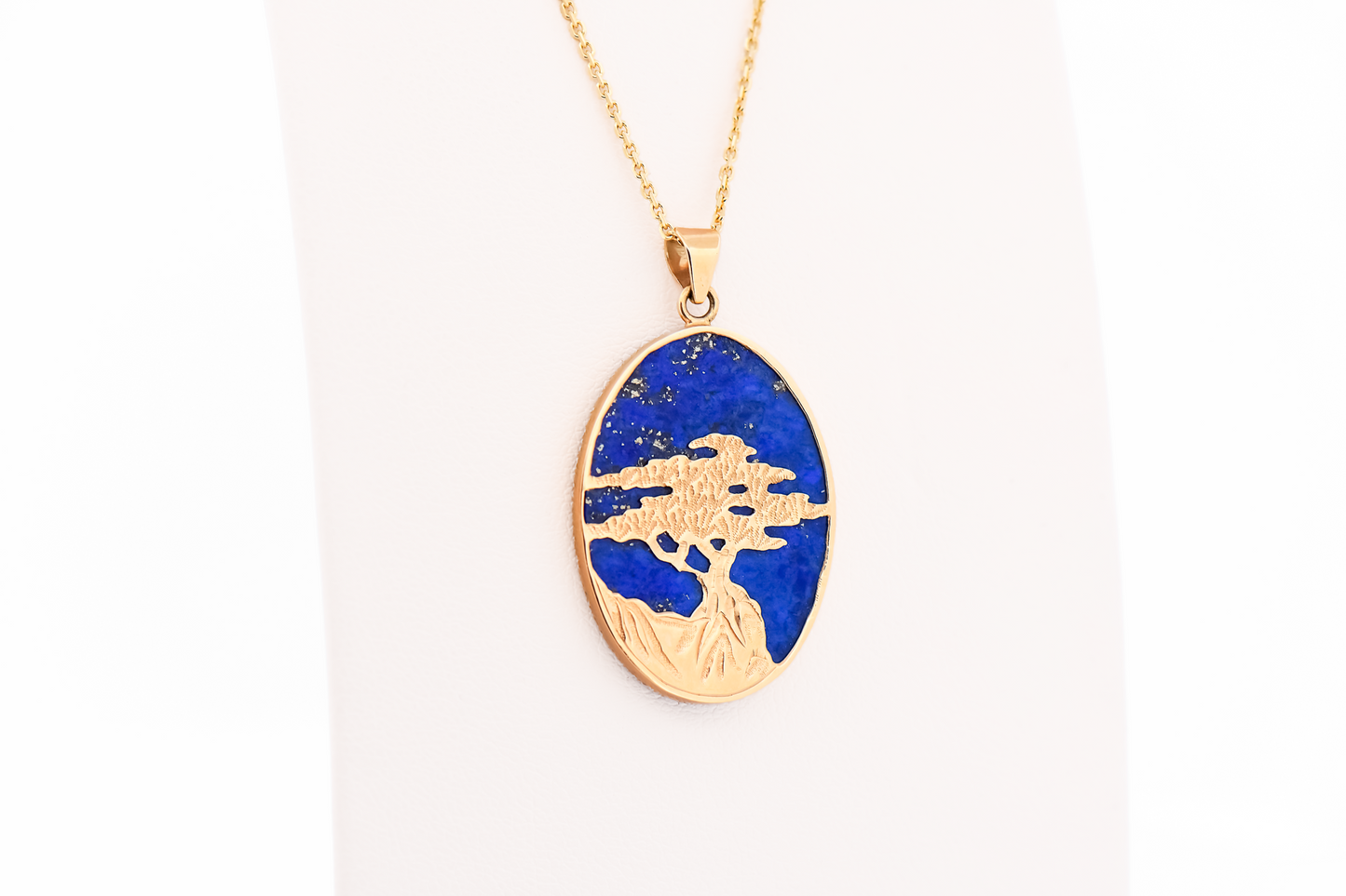 Vintage Lone Cypress Tree Pendant - Oval Lapis with Gold Overlay