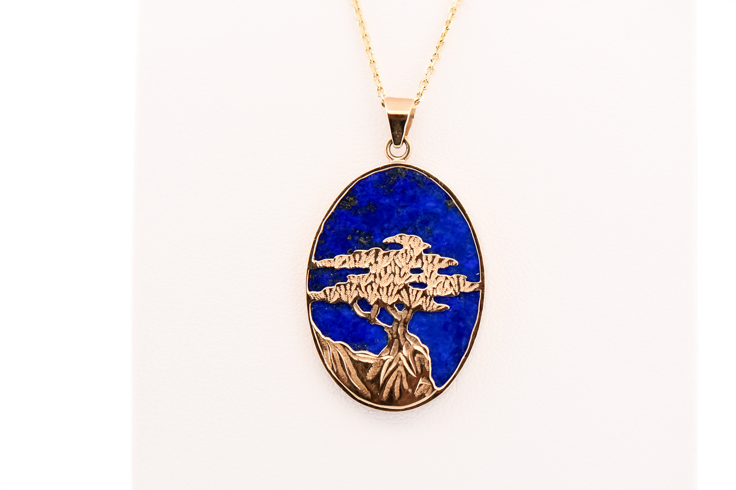 Vintage Lone Cypress Tree Pendant - Oval Lapis with Gold Overlay