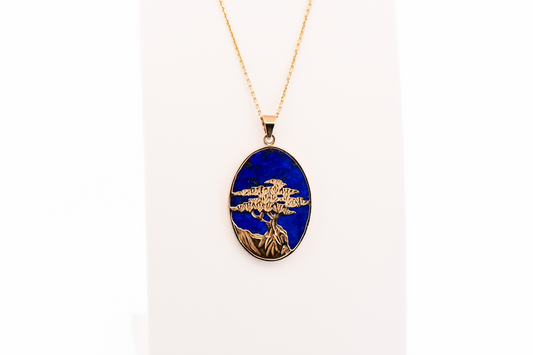 Vintage Lone Cypress Tree Pendant - Oval Lapis with Gold Overlay