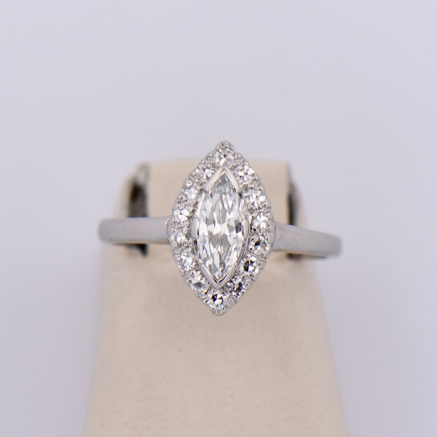 Vintage Marquise Diamond Halo Engagement Ring in Platinum