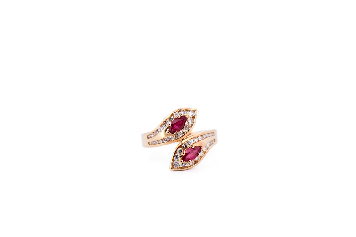 Vintage Marquise Ruby & Diamond Bypass Ring in 18k Yellow Gold