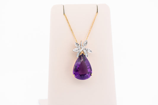 Vintage Pear Shaped Amethyst & Diamond Pendant in 18k Gold