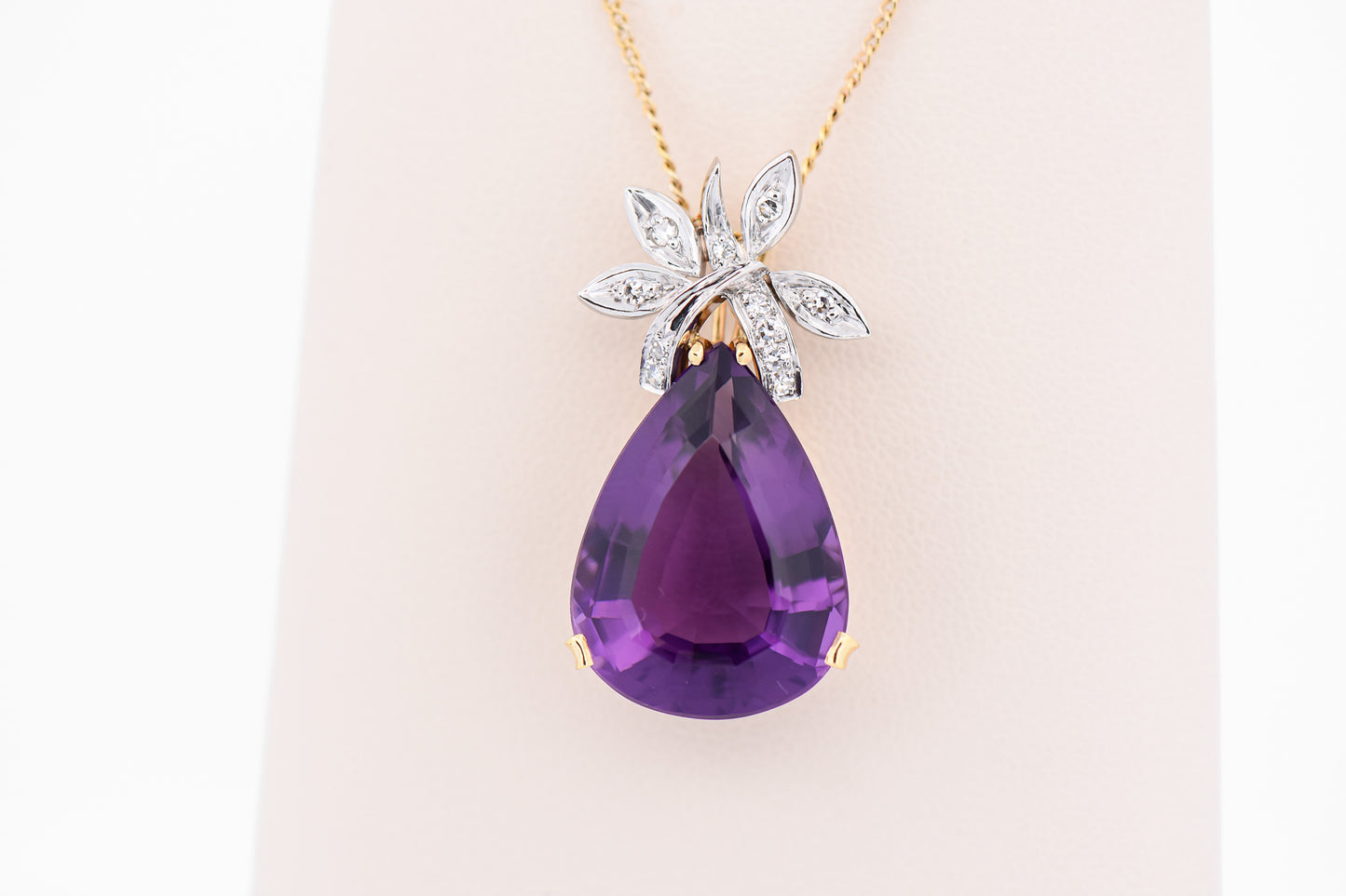 Vintage Pear Shaped Amethyst & Diamond Pendant in 18k Gold