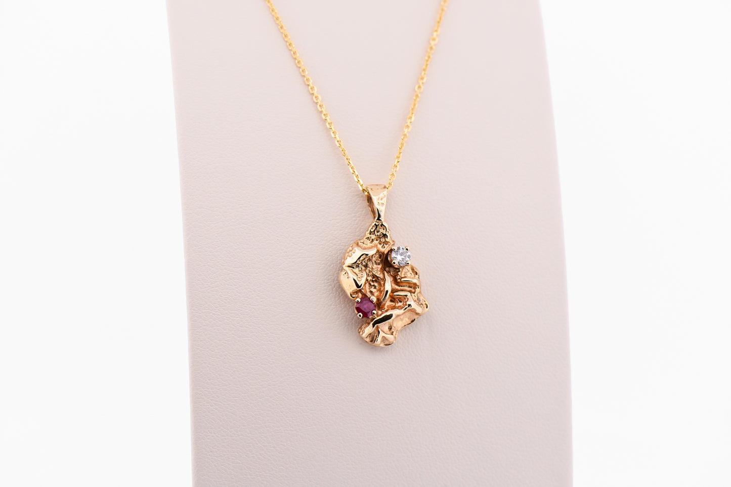 Vintage Poured 14k Gold Nugget Pendant with Ruby & Diamond