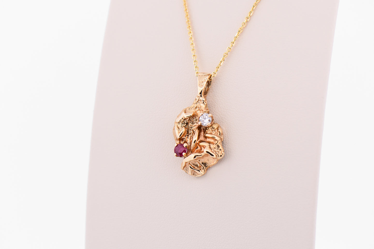 Vintage Poured 14k Gold Nugget Pendant with Ruby & Diamond