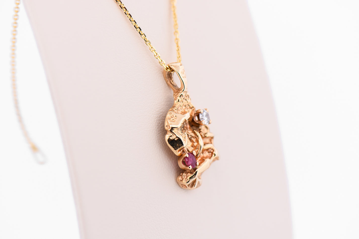Vintage Poured 14k Gold Nugget Pendant with Ruby & Diamond