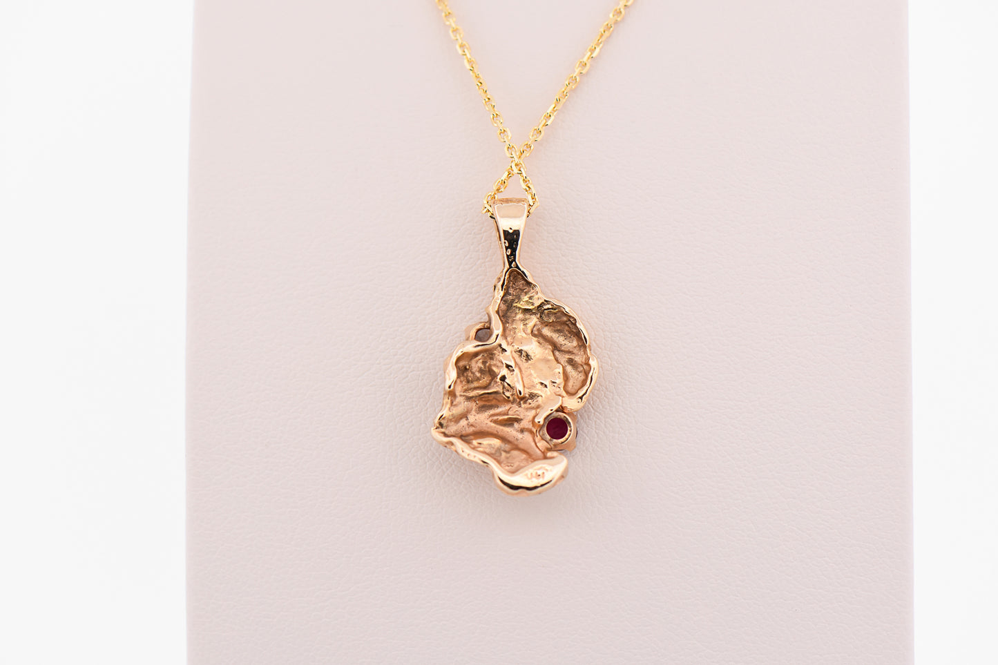 Vintage Poured 14k Gold Nugget Pendant with Ruby & Diamond