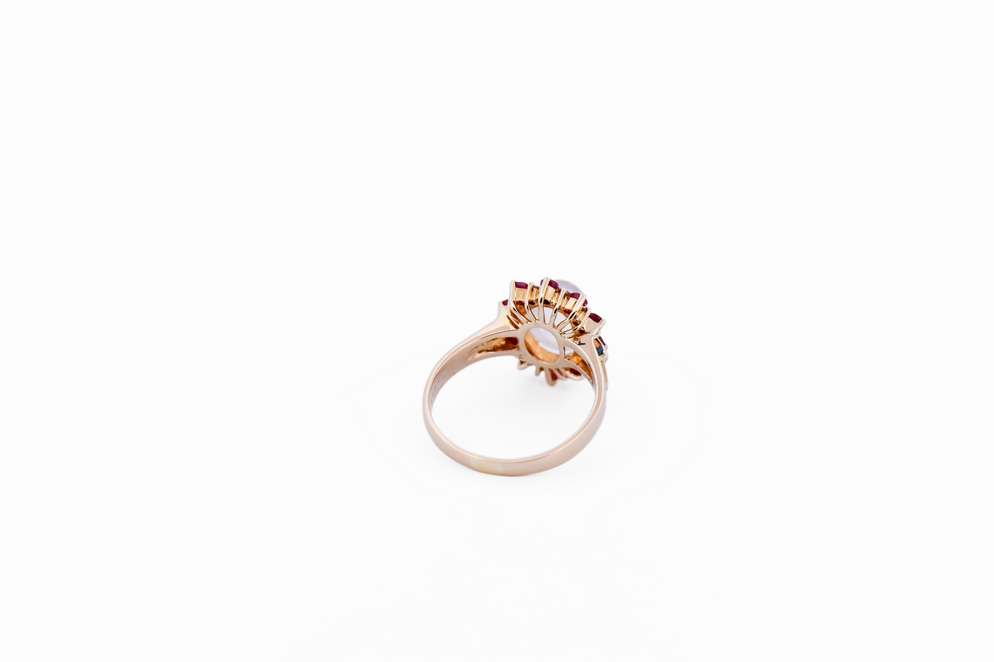 Vintage Rainbow Moonstone Ring with Ruby & Diamond Halo
