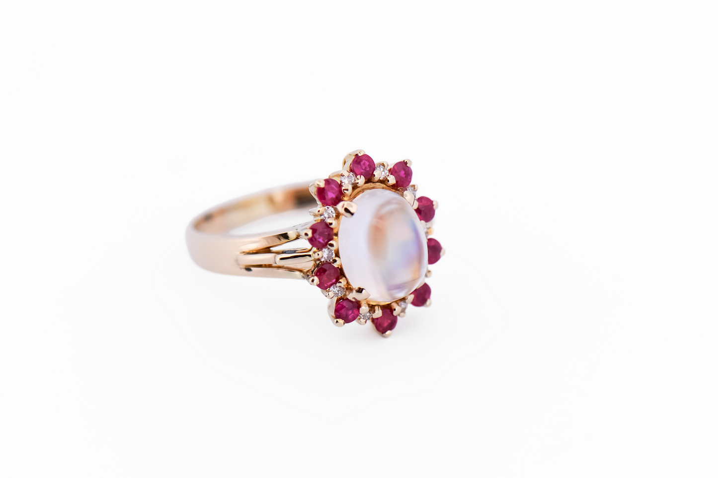 Vintage Rainbow Moonstone Ring with Ruby & Diamond Halo