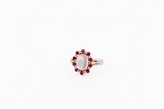 Vintage Rainbow Moonstone Ring with Ruby & Diamond Halo