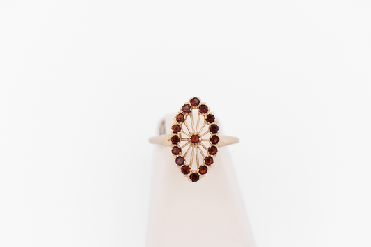 Vintage Red Garnet Navette Ring in Yellow Gold