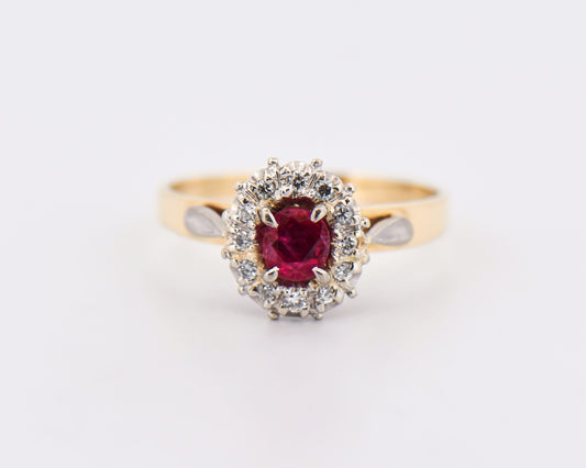 Vintage Ruby & Diamond Halo Engagement Ring in 18k Gold