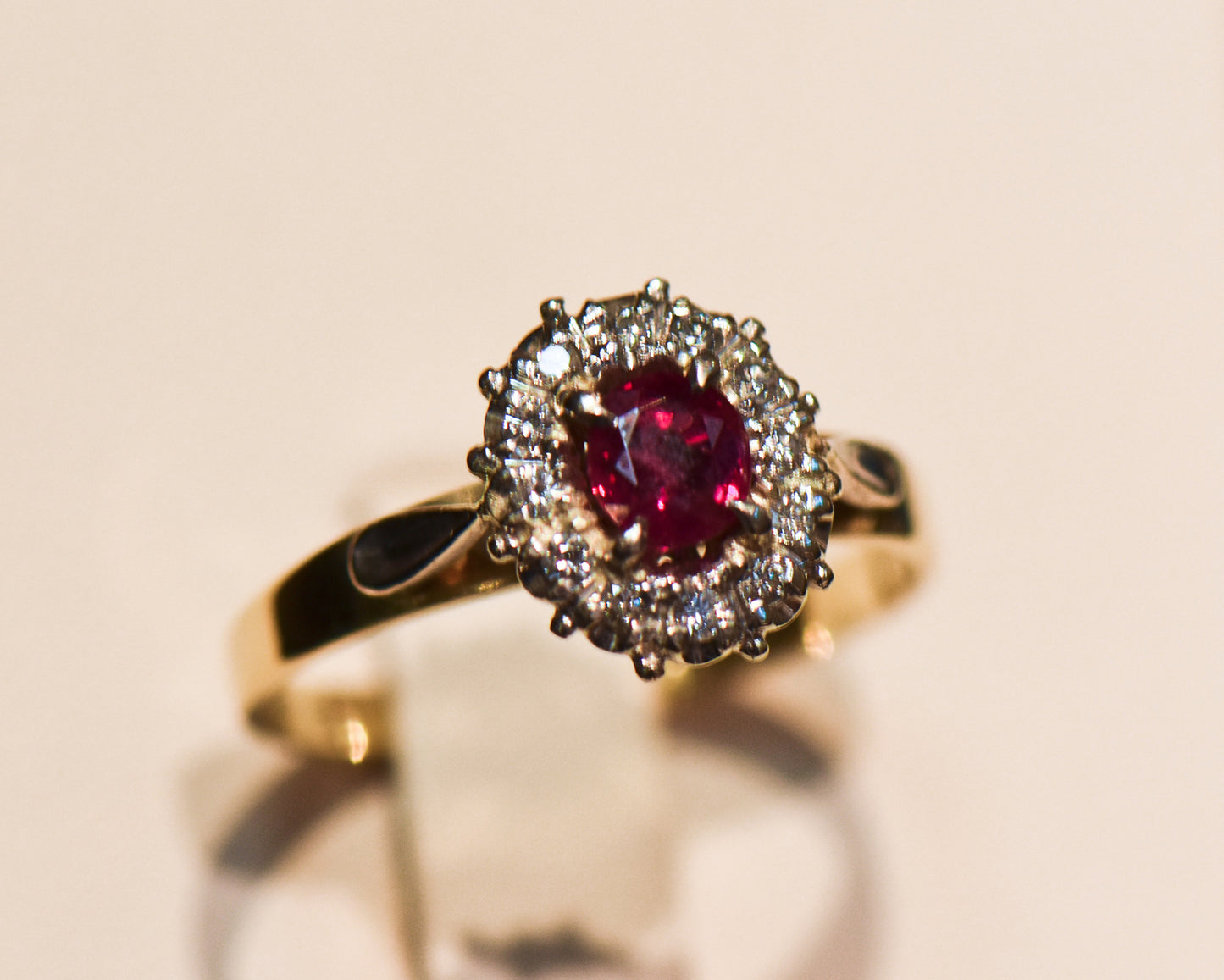 Vintage Ruby & Diamond Halo Engagement Ring in 18k Gold