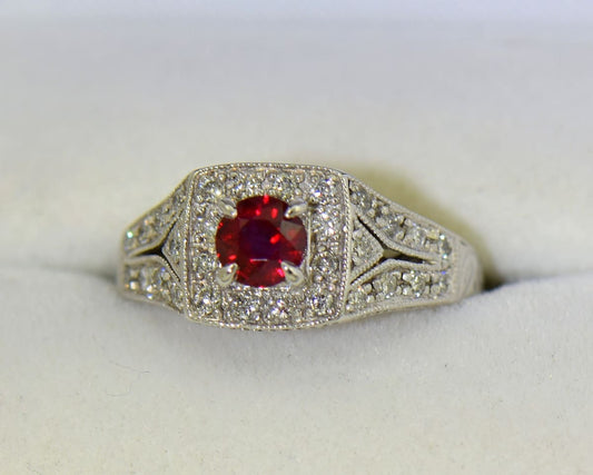 Vintage-Style Ruby Halo Engagement Ring