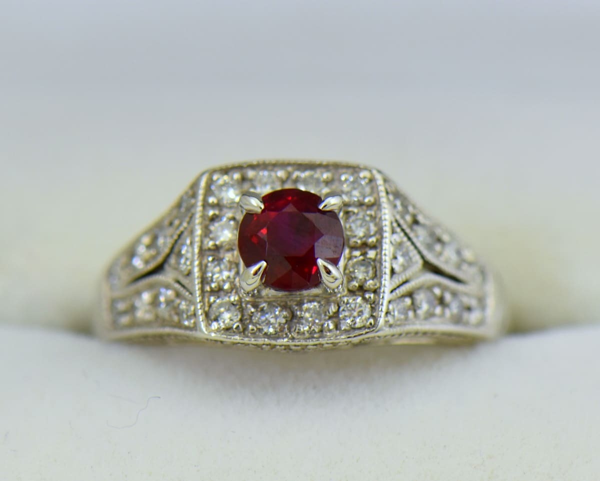 Vintage-Style Ruby Halo Engagement Ring
